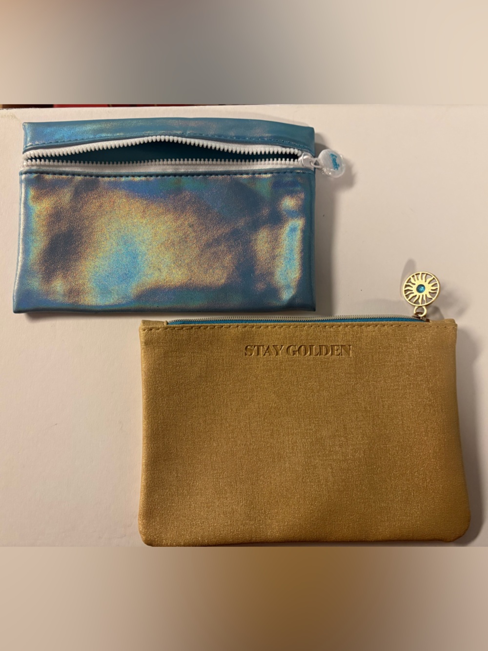 ipsy Holographic Blue Zip Pouch & Gold 'Stay Golden' Cosmetic Bag